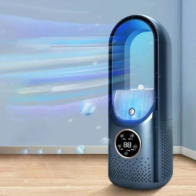 Modern bladeless quiet air conditioner provides silent, efficient cooling for small spaces. Portable design.
