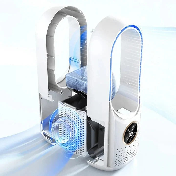 Quiet portable bladeless air conditioner, an office essential for personal cooling or home comfort.