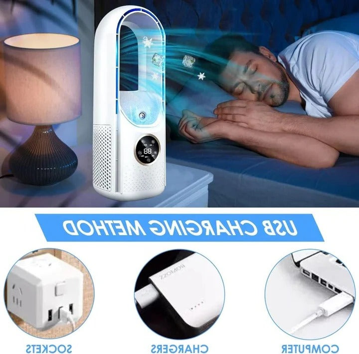 Portable bladeless silent cooler, ideal for personal air conditioning, offering quiet and efficient cooling.