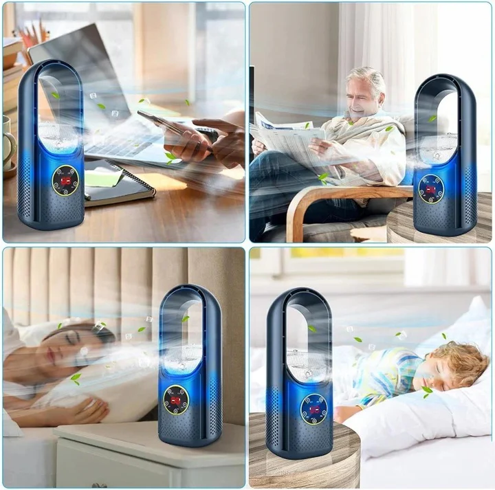 Compact, energy-efficient bladeless fan and air conditioner for quiet, portable, personal space cooling.
