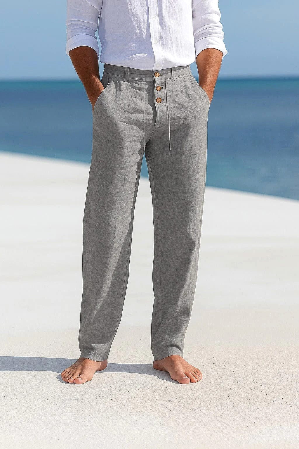 Comfortable men's travel pants: relaxed-fit, breathable, and lightweight for summer adventures.