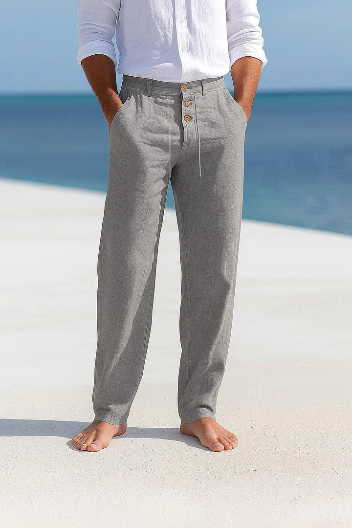 Comfortable men's travel pants: relaxed-fit, breathable, and lightweight for summer adventures.
