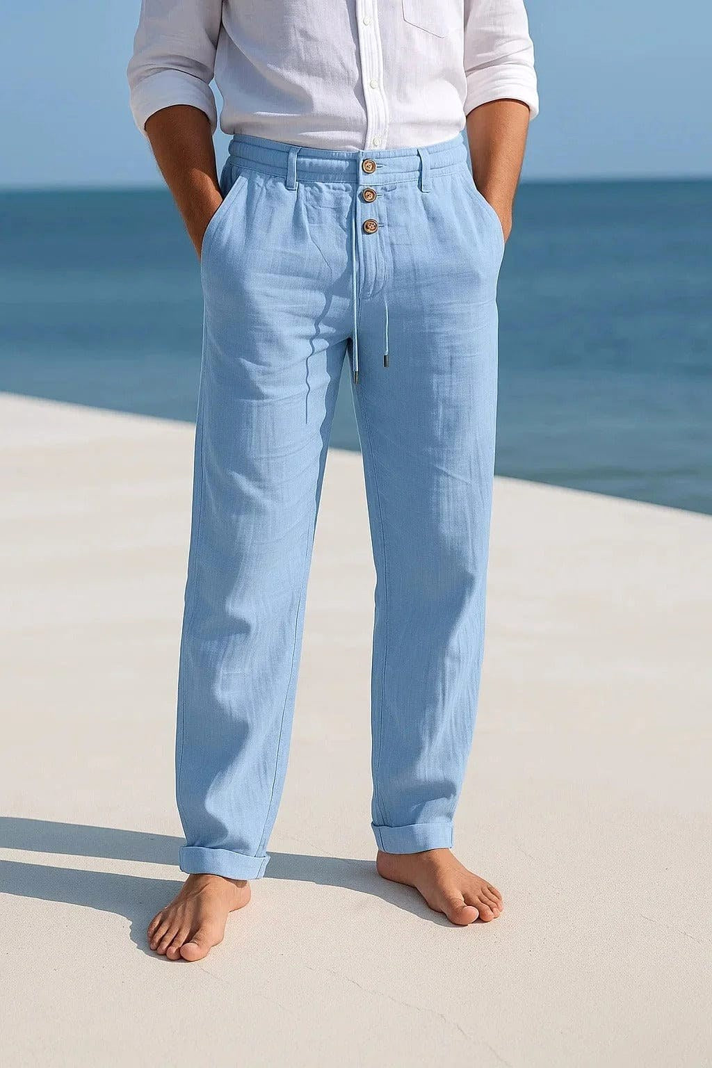Stylish men's breathable summer pants, relaxed-fit for all-day comfort and casual elegance.