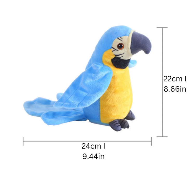 Child playing with a soft, educational talking parrot plushie, perfect for speech development.