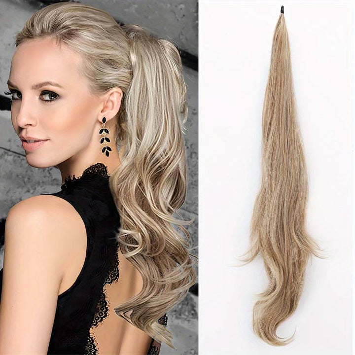 Flexible wrap ponytail extension, designed for women seeking instant wavy fullness & easy long hair styling.