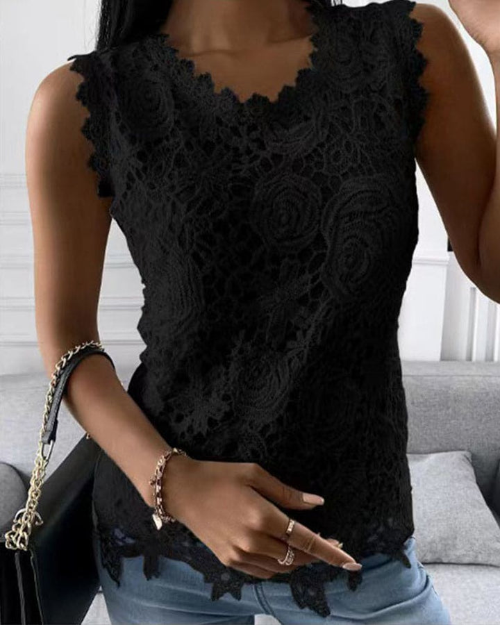 Chic solid color sleeveless blouse for women, featuring lace details, ideal for workwear or versatile outfits.