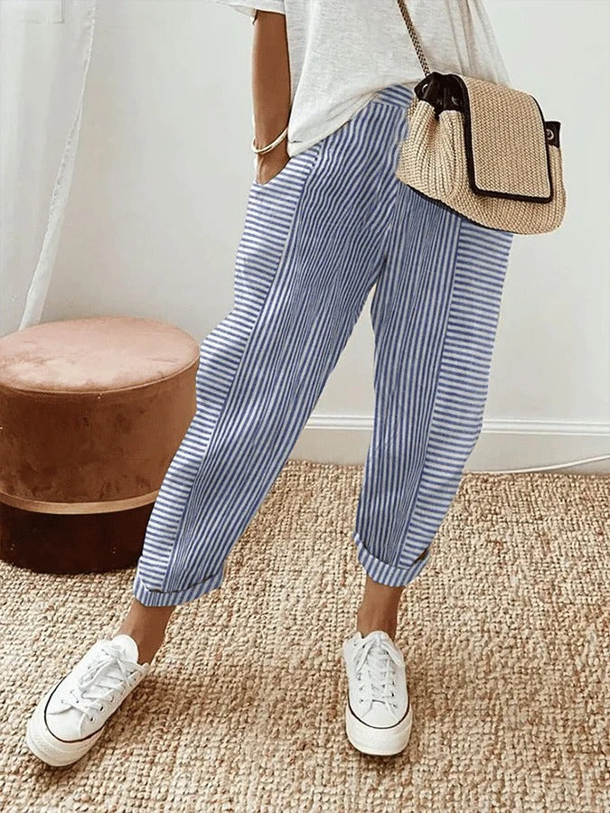 Versatile women's striped summer pants. Relaxed fit for effortless casual wear or travel friendly style.