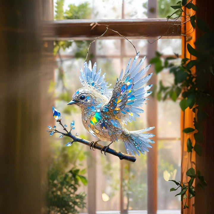 Vibrant bluebird figurine with stained glass effect, perfect for home accent
