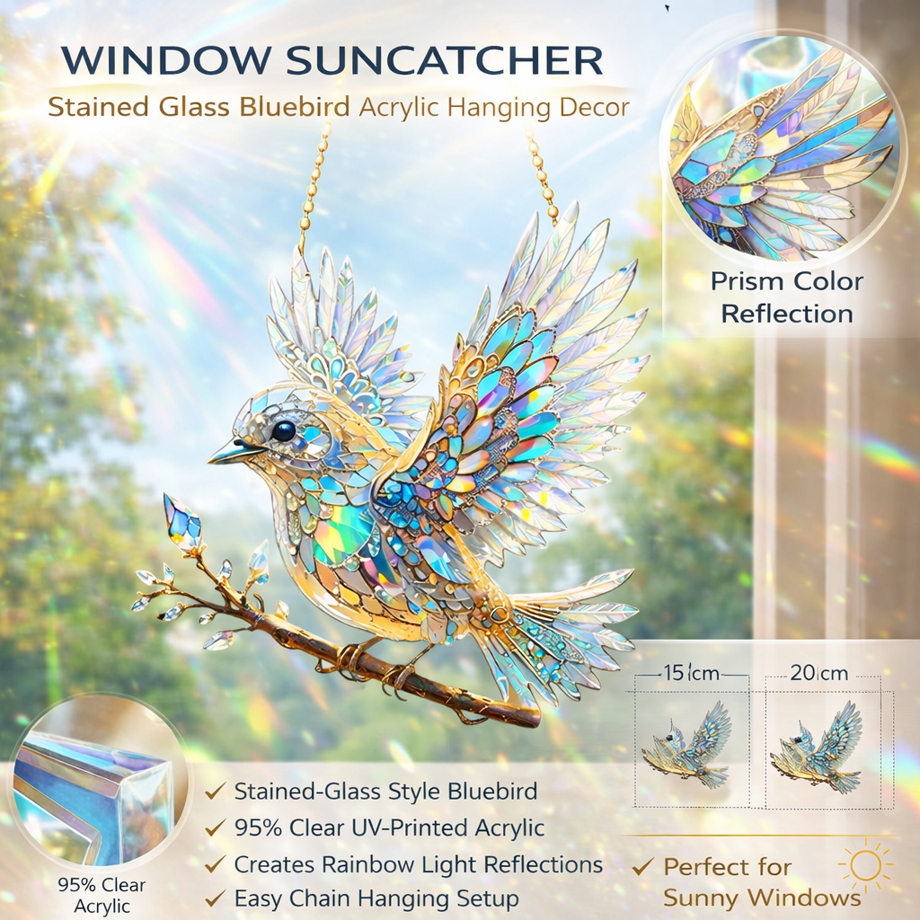 Decorative bluebird hanging ornament, realistic stained glass design for nature lovers
