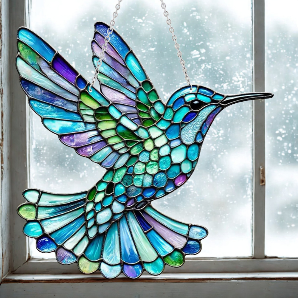 Bluebird suncatcher featuring a detailed stained glass effect, adds color to any room