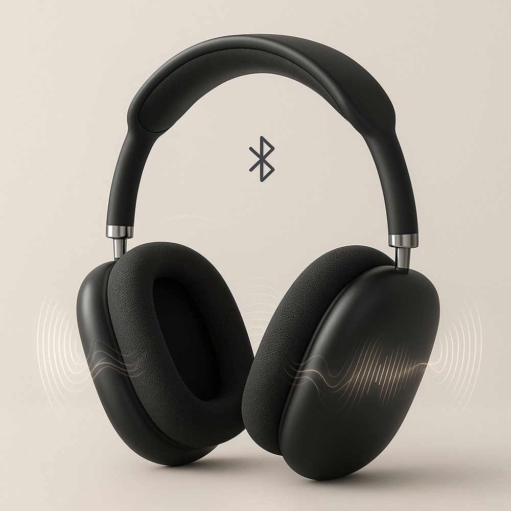 Sleek black Bluetooth headphones, over-ear design, HiFi stereo & noise cancellation.