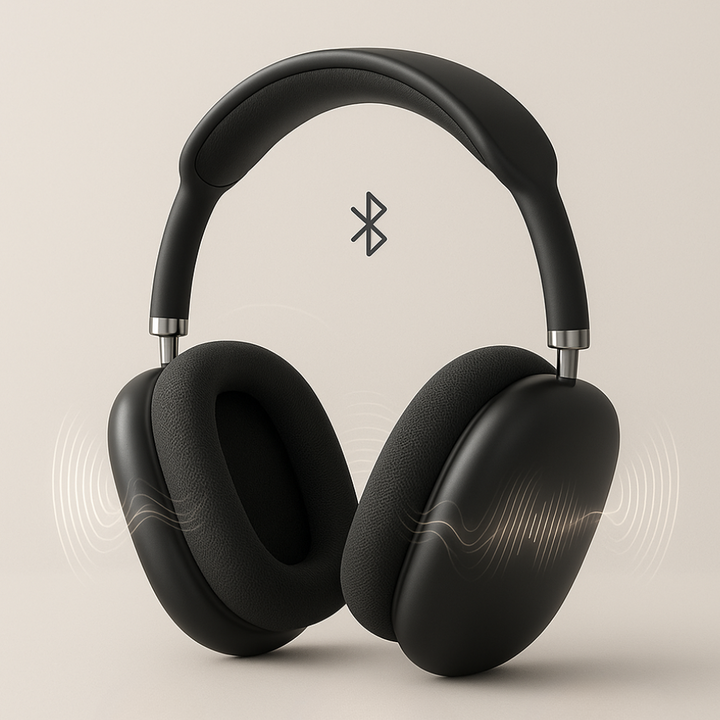 Sleek black Bluetooth headphones, over-ear design, HiFi stereo & noise cancellation.