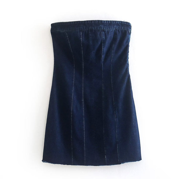 Detailed view of the back zipper on a chic women's strapless denim mini dress. Trendy casual party wear.
