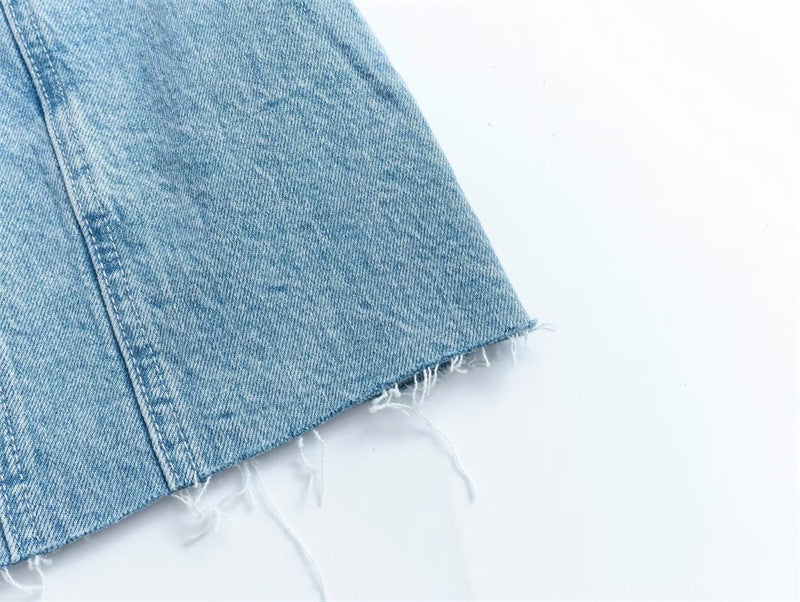 Stylish Bobbie strapless denim mini dress on a hanger. Ready-to-wear chic women's casual party fashion.