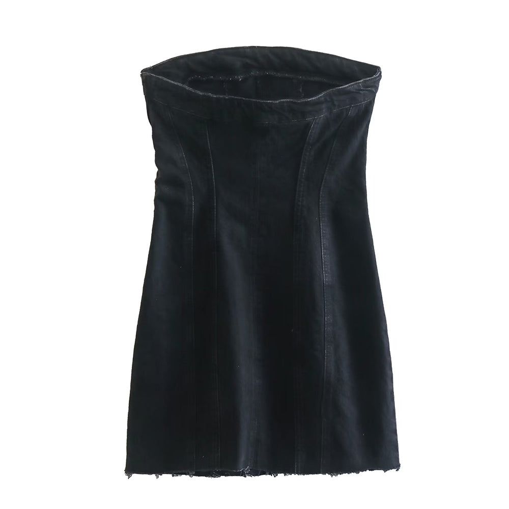 Effortlessly stylish women's strapless denim mini dress. A must-have chic casual or party fashion piece.