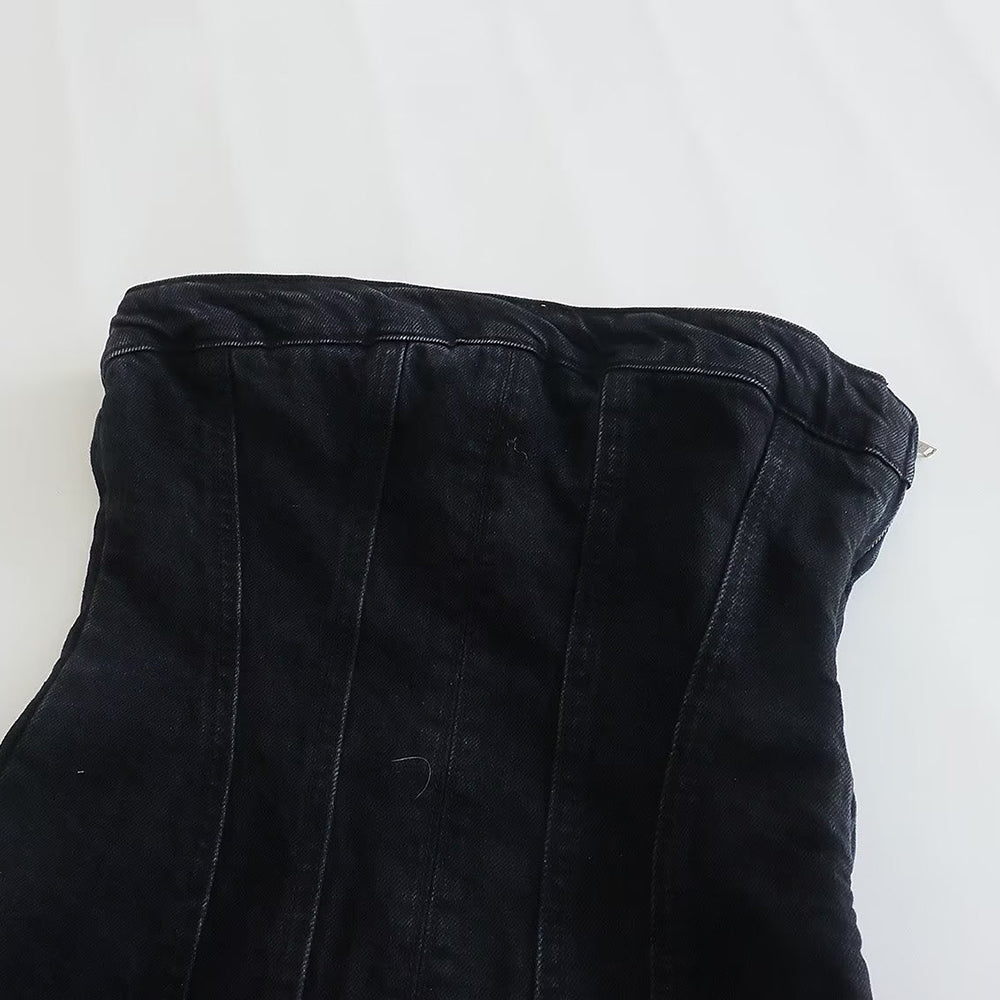 Bobbie strapless denim mini dress for women. Chic, stylish, casual, or party wear with a zip-up design.