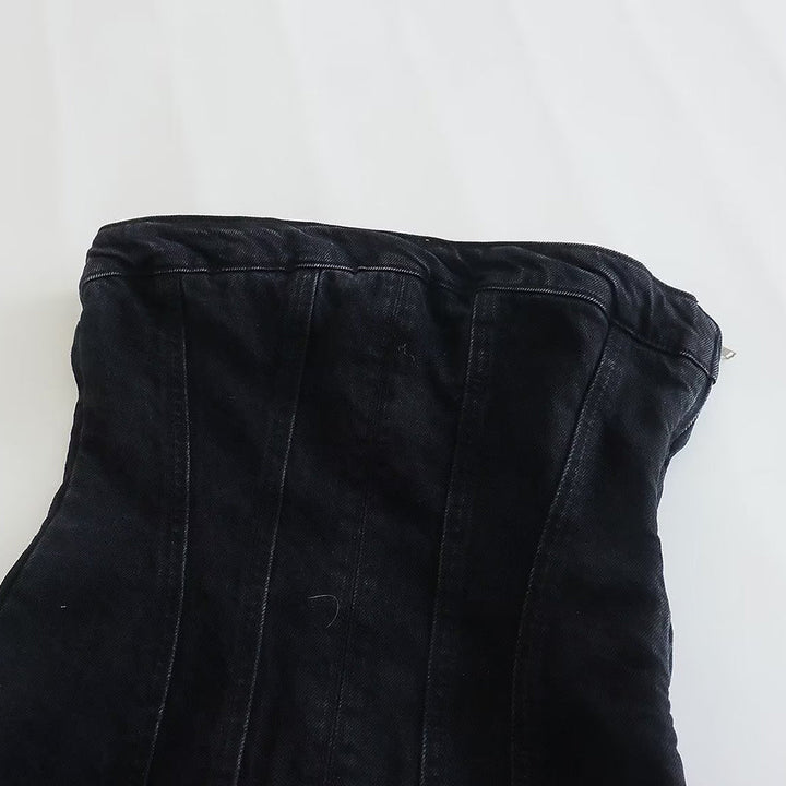 Bobbie strapless denim mini dress for women. Chic, stylish, casual, or party wear with a zip-up design.