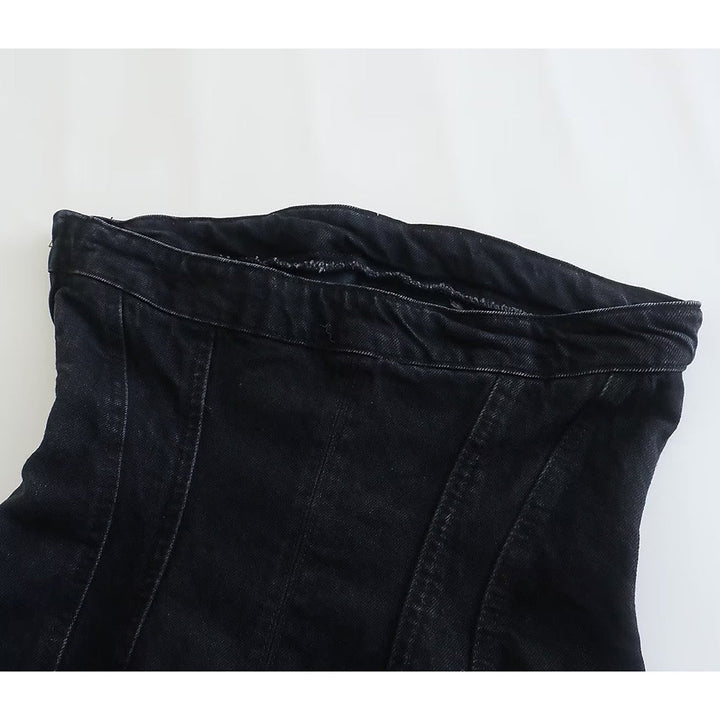 Full outfit featuring a chic women's strapless denim mini dress. Stylish casual or party fashion ensemble.