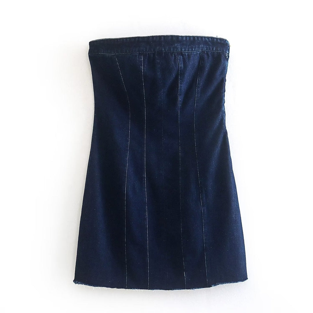Sleeveless chic women's strapless denim mini dress. Perfect for warm weather casual or party fashion.