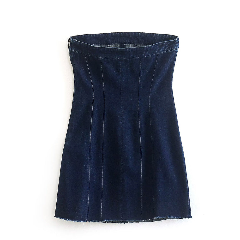 Essential women's clothing: a chic strapless denim mini dress. Stylish for casual days or parties.