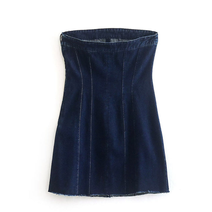 Essential women's clothing: a chic strapless denim mini dress. Stylish for casual days or parties.