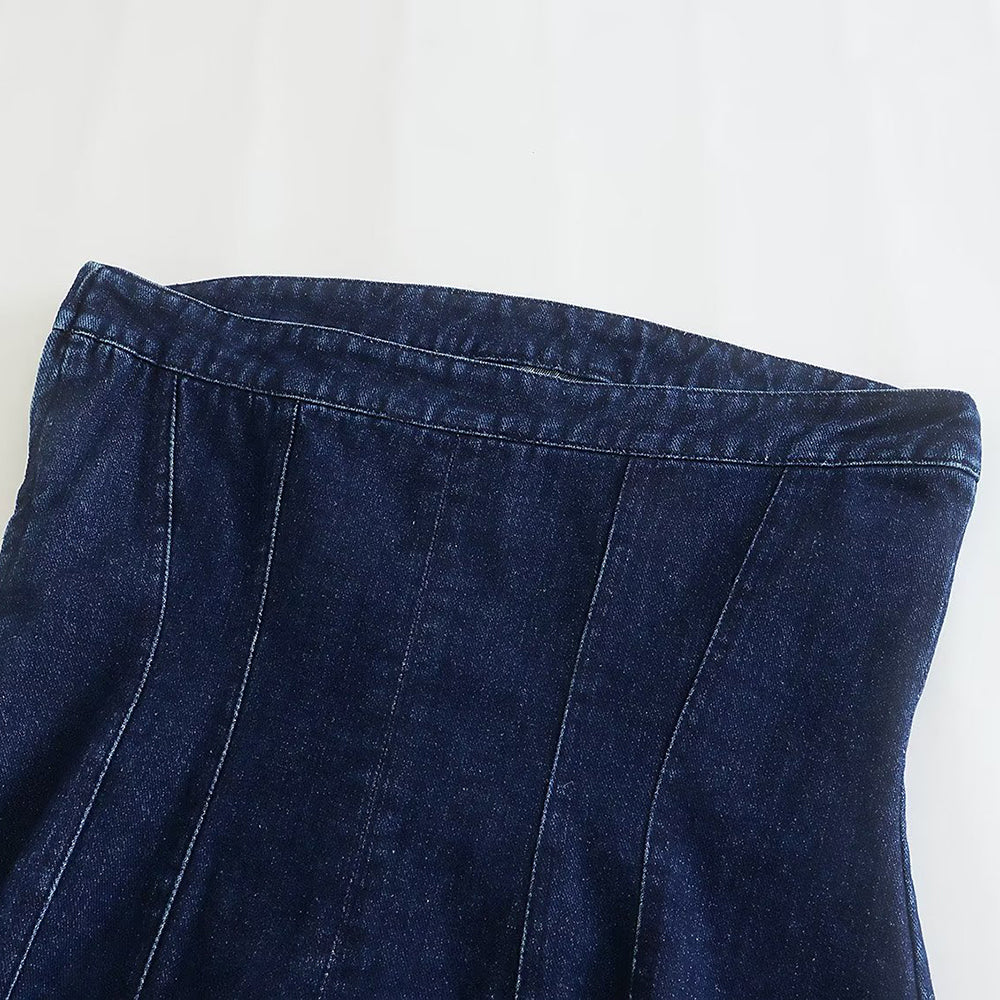 Front zip-up detail on a chic women's strapless denim mini dress. Stylish casual and party wear design.