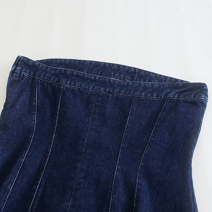 Front zip-up detail on a chic women's strapless denim mini dress. Stylish casual and party wear design.