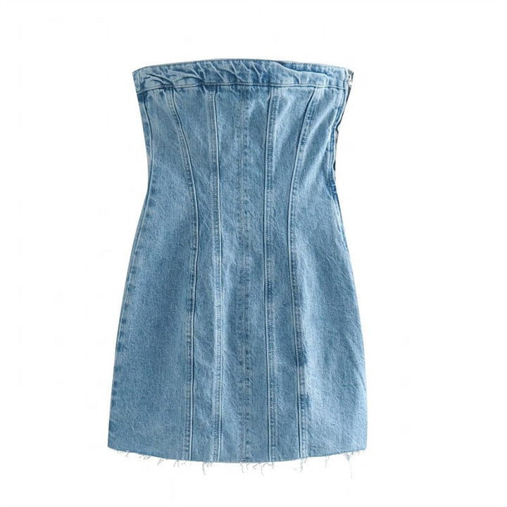 Model wearing a chic women's strapless denim mini dress. Perfect for casual outings or party fashion trends.