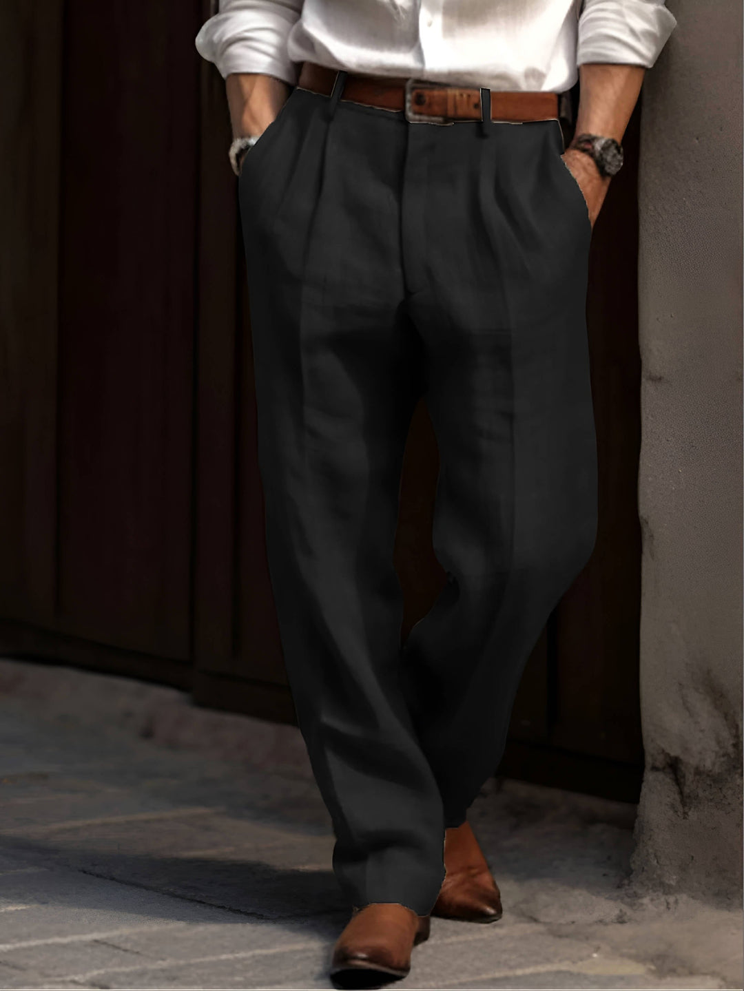 Stylish men's pleated dress pants, tailored for comfort & everyday business casual or formal wear.