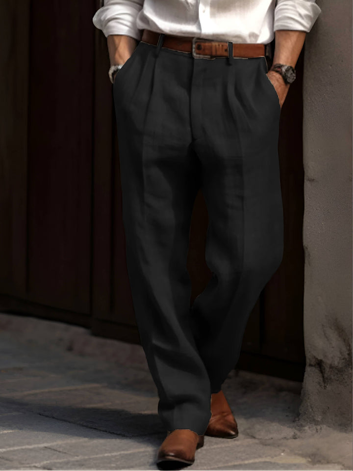 Stylish men's pleated dress pants, tailored for comfort & everyday business casual or formal wear.