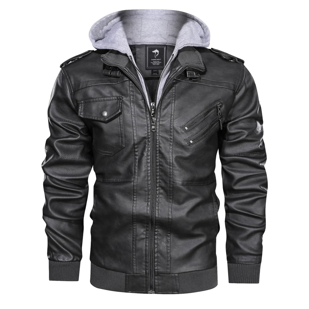 Men's stylish black leather hooded bomber jacket for urban fashion & cool weather outerwear.