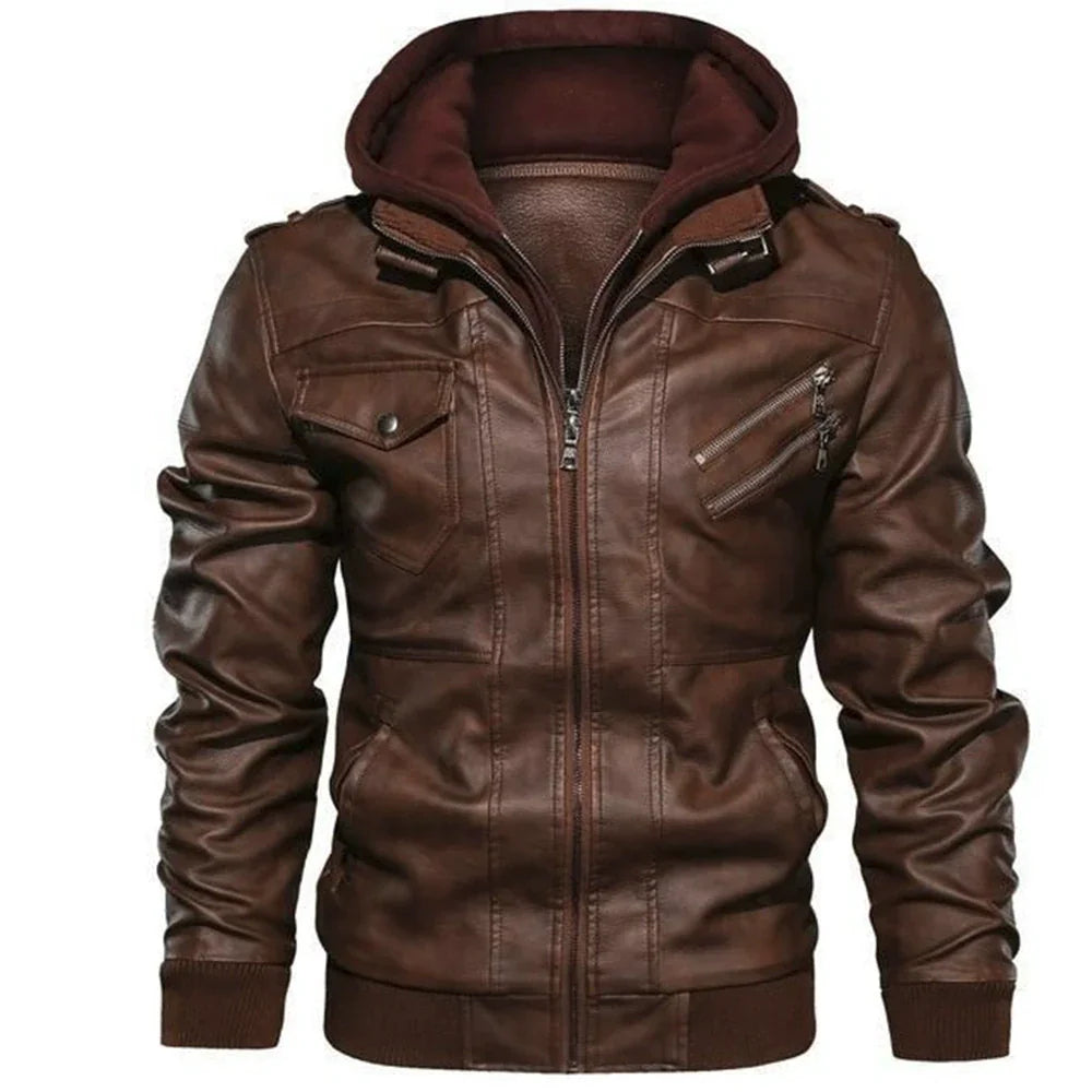 Versatile men's hooded leather bomber jacket, perfect for everyday casual wear & cool weather style.