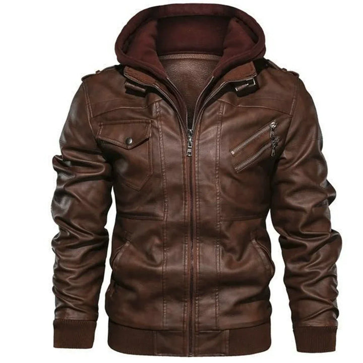 Versatile men's hooded leather bomber jacket, perfect for everyday casual wear & cool weather style.