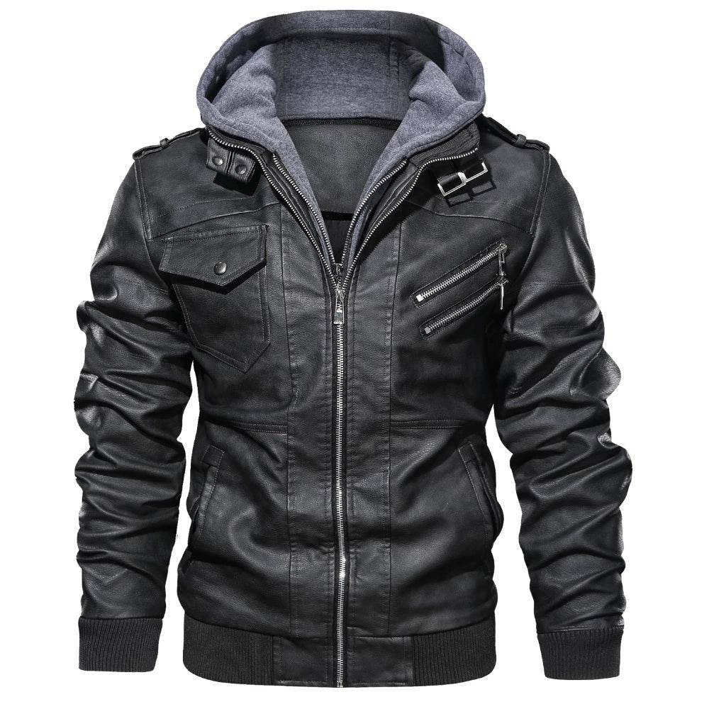 Fashionable men's black leather bomber jacket with hood, ideal for urban style and everyday comfort.