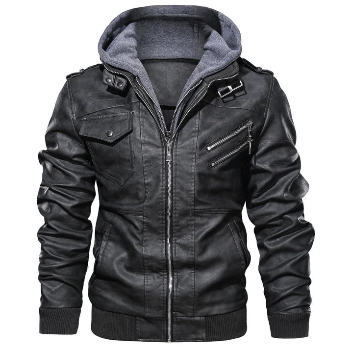 Fashionable men's black leather bomber jacket with hood, ideal for urban style and everyday comfort.