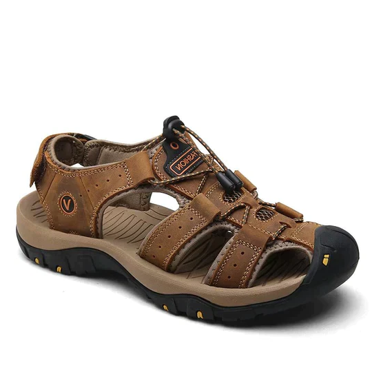 Adjustable men's closed-toe outdoor sandals with arch support, perfect for active walking & daily comfort.