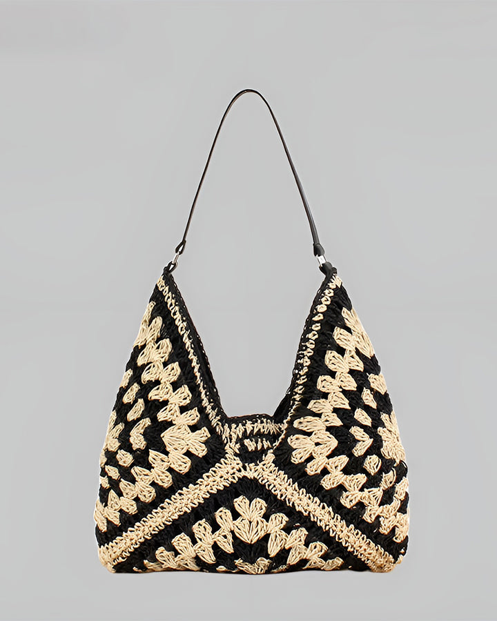 Natural geometric weave tote bag, ideal as a boho crochet shoulder bag for everyday.
