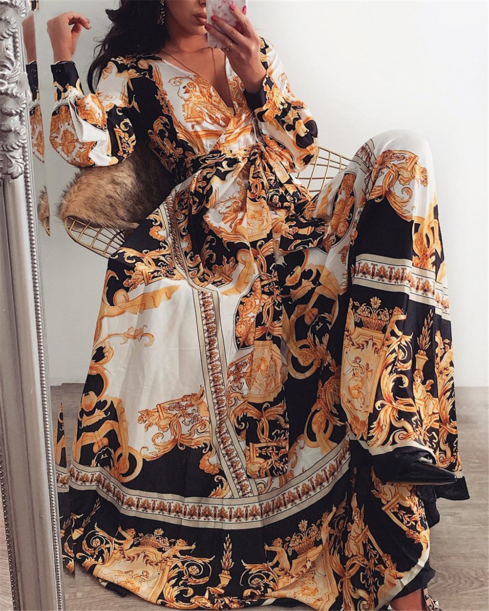 Women's fashionable wrap dress, a long-sleeved boho maxi with a stylish slit for summer outings.