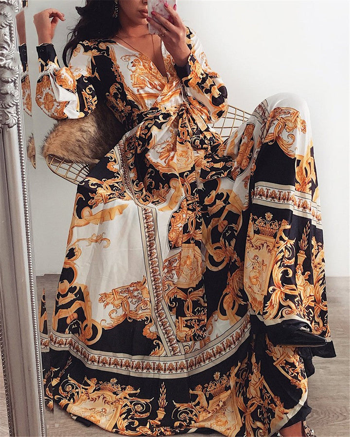 Women's fashionable wrap dress, a long-sleeved boho maxi with a stylish slit for summer outings.