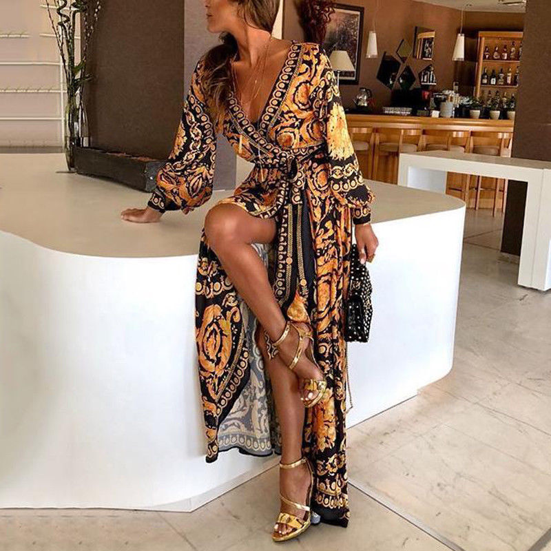 Elegant women's boho summer dress, a versatile wrap style with long sleeves and a flowing slit.