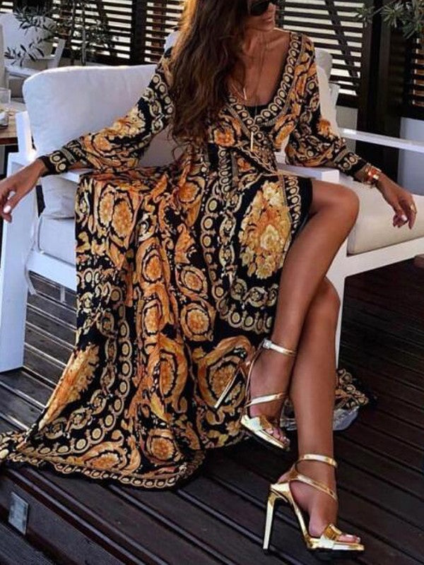Stylish women's summer boho wrap dress, featuring elegant long sleeves and a leg-baring slit.