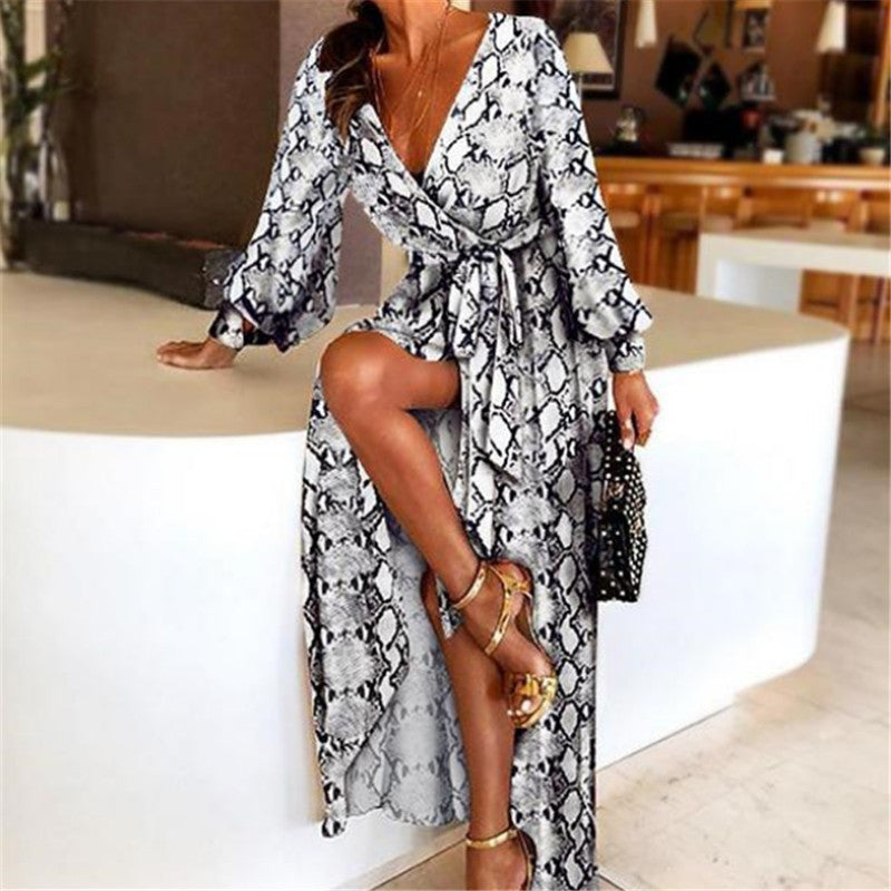 Women's long sleeve boho wrap dress, a versatile summer maxi with a comfortable, stylish slit.