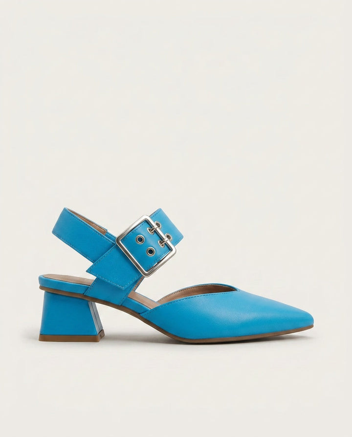 Elegant blue pointed toe slingback block heels, perfect for formal events & casual chic.