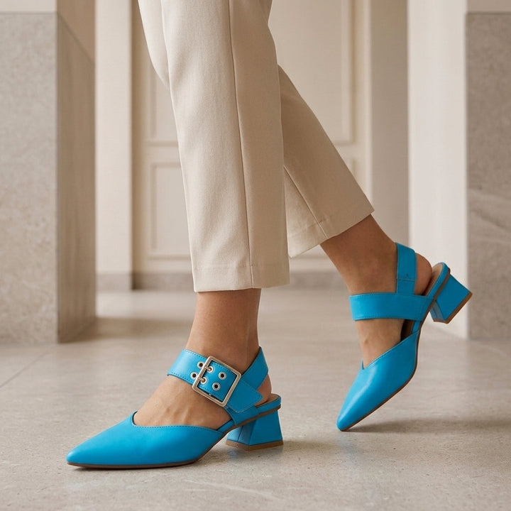 Comfortable pink pointed toe slingback block heels, versatile for all-day wear & fashion.