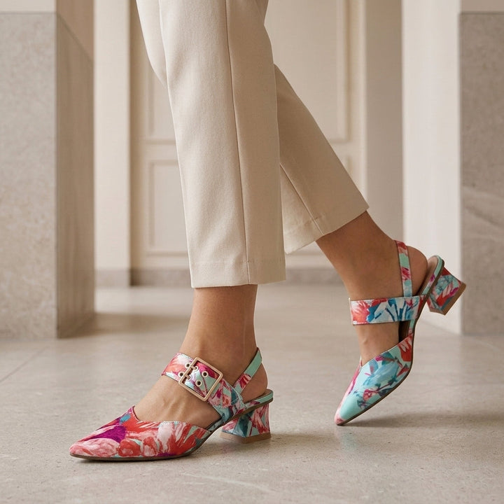 Chic pointed toe slingback block heels with sturdy block heel for stable, modern style.