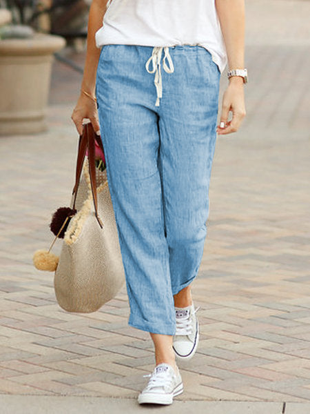 Versatile women's polished linen drawstring cropped pants, perfect for comfortable and stylish casual everyday outfits.