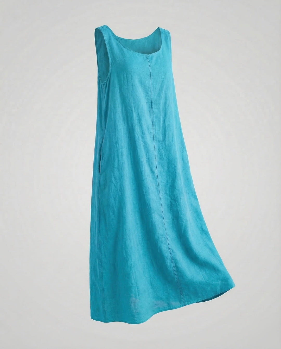 Full length shot of women's A-line sleeveless maxi dress with pockets, showcasing its relaxed fit.