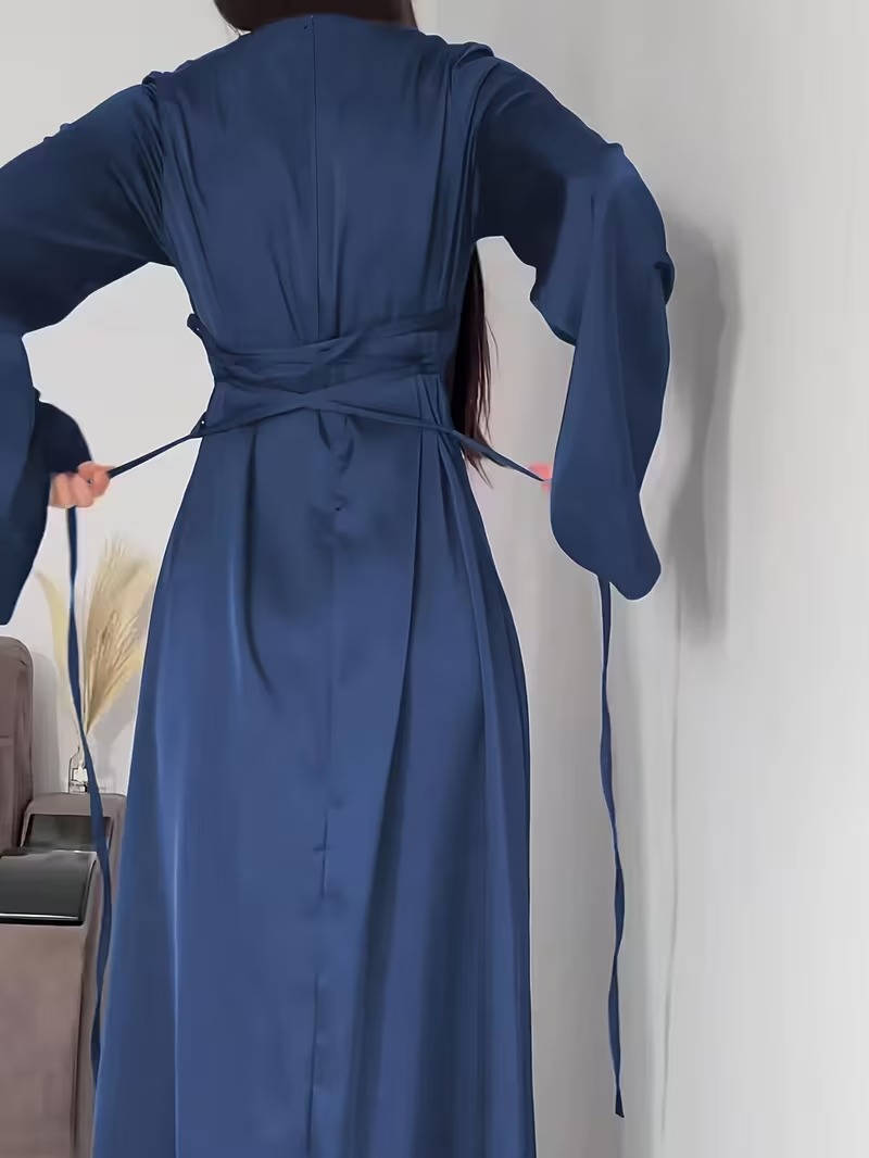 Elegant long party dress for women with graceful flared sleeves & flowy maxi skirt.
