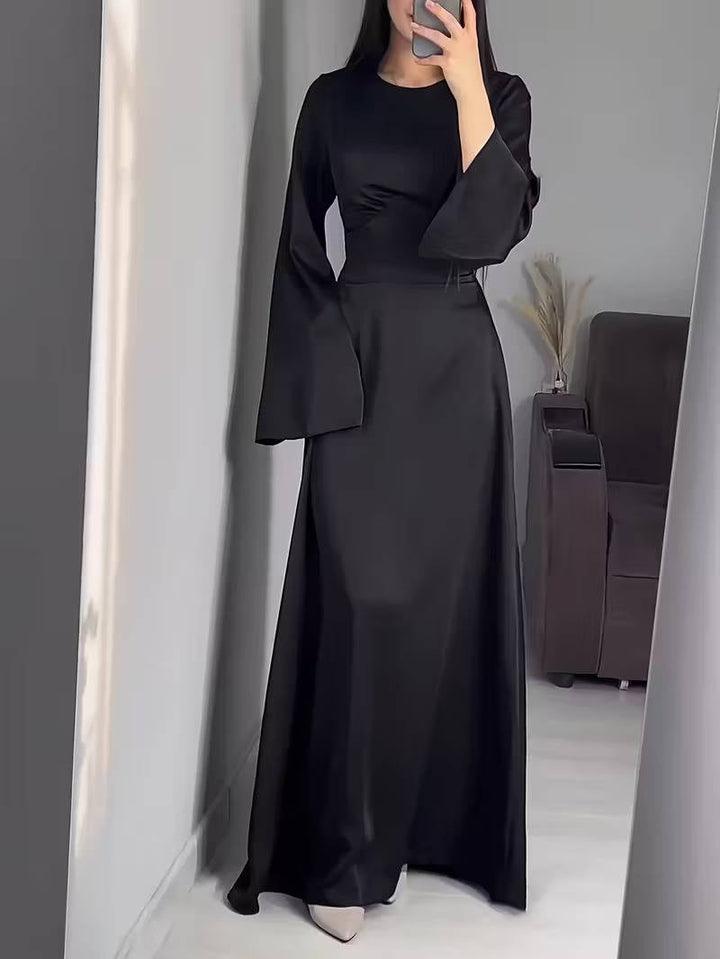 Sophisticated women's evening gown, black, featuring stylish flared sleeves and a maxi length.