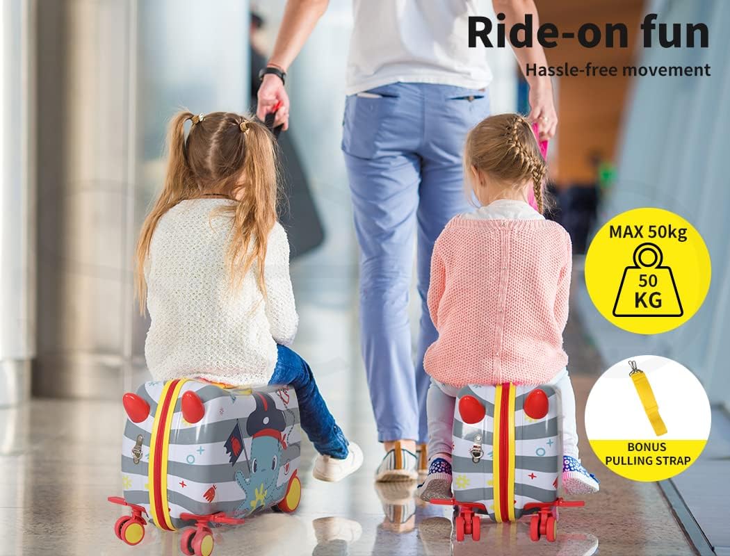 Durable children's ride-on luggage, scooter combo with 360° swivel wheels for smooth airport navigation.